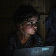 Canvas Print - A young girl sitting in a dark room with her laptop. Generative AI.