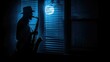 © sergio - A man playing saxophone in front of a window with moonlight. Generative AI.