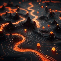 Wall Mural - a map of lava and glowing orange spheres. generative ai.