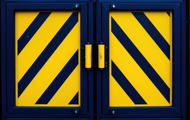 Sticker - A close up of two blue and yellow striped doors. Generative AI.