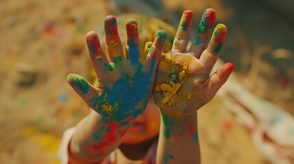 Touches of color on the hands and fingers are shown in such a way that the children are playing. It's represent Happy Holi Day.