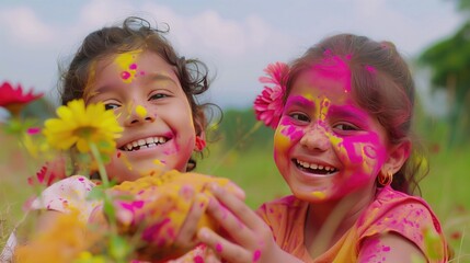 Two Indian child playing with the color in holi festival