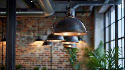 Wall Mural - An industrialstyle loft apartment with exposed brick walls and metal beams illuminated by a series of industrial metal pendant lights. . AI generation.