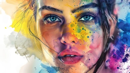 Illustration Beautiful woman face pop art drawing in watercolor. AI generated image