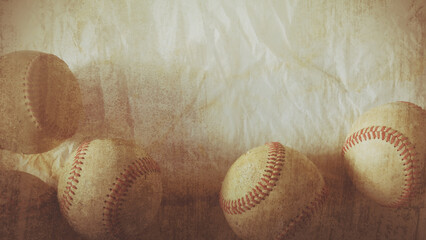 Sticker - Old vintage baseball background with wrinkle texture and copy space by group of used game balls.
