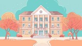 Fototapeta  - Hand drawn school building cartoon on pastel color background. AI generated image