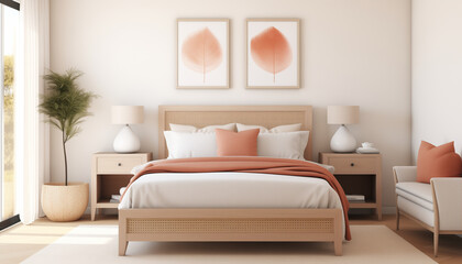 Wall Mural - Warm and inviting mid-century modern bedroom interior with large windows, comfortable bed, stylish furniture, and elegant home decor.