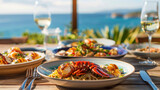 Fototapeta  - The picnic table is adorned with colorful plates of stuffed lobster tails zesty seafood pasta and decadent grilled scallops all served with a side of ocean views.