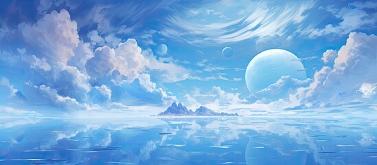 Wall Mural - A mesmerizing painting of a serene natural landscape with a blue sky, fluffy cumulus clouds, a glowing moon over calm water. The artist captured the beauty with skillful gestures and vibrant colors