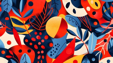 Wall Mural - Playful and sophisticated, a retro-inspired illustration features lively organic shapes in a seamless and vibrant composition.