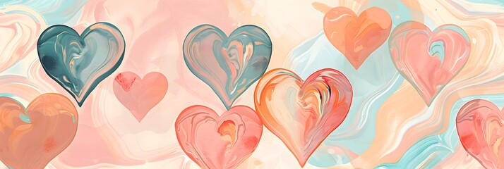 Wall Mural - Whirling hearts come alive in a retro-style print, forming a seamless pattern that exudes love and creativity against a backdrop of soft pastel hues.
