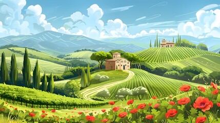 Canvas Print - Panoramic view of green valley landscape with brick houses, vineyards, groves, poppies and cypress trees, front view.Watercolor or aquarelle painting illustration.