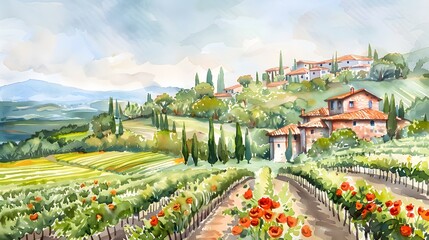 panoramic view of green valley landscape with brick houses, vineyards, groves, poppies and cypress t