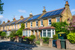 Modern Solar Panels Installed On UK Terraced Houses Under Clear Blue Sunny Sky, Solar Photography, Solar Powered Clean Energy, Sustainable Resources, Electricity Source