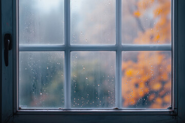 Sticker - Raindrops on a Window Pane with a Blurry Autumnal Tree in the Background, Cozy Fall Mood