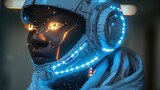 Futuristic Portrait: Black Woman with Glowing Gold Eyes in Space Helmet
