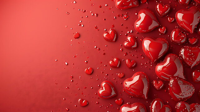 3D red heart on red pastel background with plenty of copy space. Ideal for Valentine's Day cards, invitations, posters, and banners. Minimalistic design.

