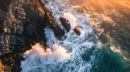 Wall Mural - Drone aerial shot capturing a dynamic wave hitting a rocky coastline at sunset, showcasing nature's power and beauty