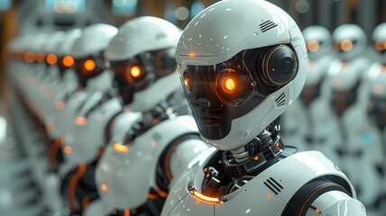 Poster - AI assembly: Illustration portrays automated production line with robots in sequence.