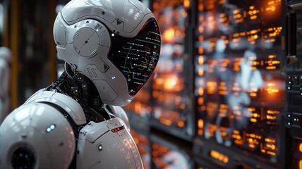 Poster - Robotic interface: Android engages with hologram in captivating digital art.