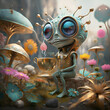 funny alien  with huge eyes in golden dress drinking a tea  around blossom flowers. close up. Ai generated
