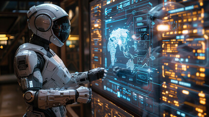 Poster - Futuristic technology: Robot interacts with holographic display in vivid illustration.