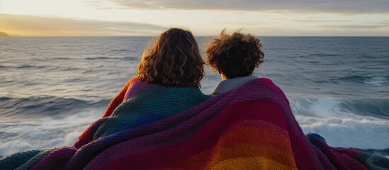 Wall Mural - two people wrapped in blankets are sitting on a boat looking at the ocean . High quality