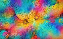 Rainbow Psychedelic Spring Daisy Flowers Background In Vibrant Neon Colors.