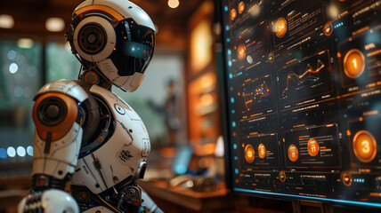 Poster - Cybernetic display: Robot faces hologram in stunning futuristic illustration.