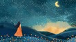 whimsical illustration of woman gazing at starry night sky, dreaming and wondering