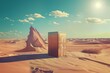 A strange work of digital art featuring an old refrigerator by itself in the middle of a large, dry desert with sand dunes reaching the horizon and a scorching sun above.