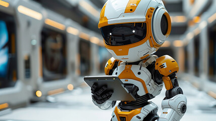 Poster - Future workforce: Robot baby integrates into corporate environment, symbolizing innovation.