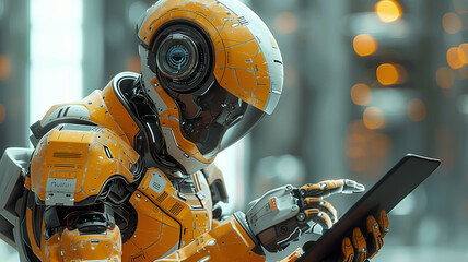 Poster - Technological advancement: Futuristic android illustrates efficient operations in motion graphics.