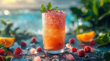 Frosty Raspberry Orange Delight In Sunlit Glow, Icy Drink, Crushed Ice, Raspberries, Refreshing Summer Quencher
