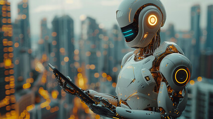 Poster - Digital efficiency: Android exhibits dynamic workflow in futuristic motion graphics.