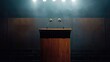 wooden speech podium with three small microphones attached on a dark background spotlit