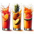 A set of three illustrations, each showcasing a glass filled with different types of fruit juice, experiencing a dynamic splash.