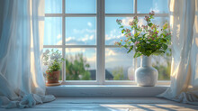 White Gauze Curtains, White Countertops, Light Blue Sky Outside The Window. AI Generative