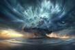 A panoramic view of a menacing supercell thunderstorm featuring dramatic lightning strikes and dark