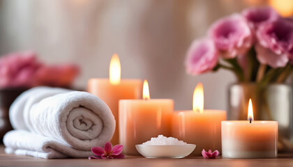 A calming spa scene featuring lit candles and fresh flowers alongside rolled towels. Perfectly capturing the essence of relaxation and tranquility in elegant and serene surroundings.

