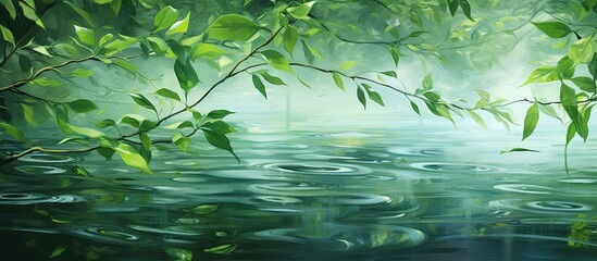 Wall Mural - A tree branch extends over a serene body of water, reflecting the beauty of nature. The terrestrial plants twig reaches out into the liquid, creating a picturesque scene in a natural landscape