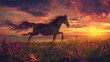 A horse with a flowing mane and tail galloping through a field of wildflowers at sunset