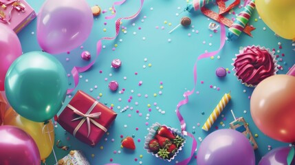 Wall Mural - A colorful party scene with balloons, confetti, and a red box