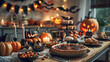 A table full of Halloween food at a party, with details of the spooky and delicious treats, the festive decorations, and the people enjoying themselves.