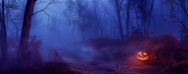 Wall Mural - A forest scene with a pumpkin lantern on the ground