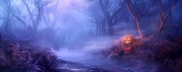 Wall Mural - A forest scene with a pumpkin lantern on the ground