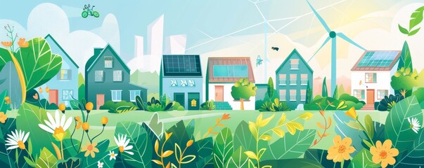 Wall Mural - A cartoon drawing of a neighborhood with houses and a wind turbine