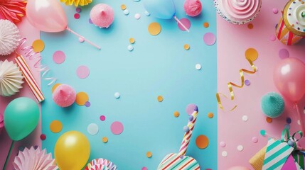 Wall Mural - A blue background with a bunch of colorful balloons and confetti