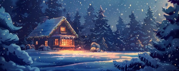 Wall Mural - A cozy cabin in the woods with a fireplace and a Christmas tree