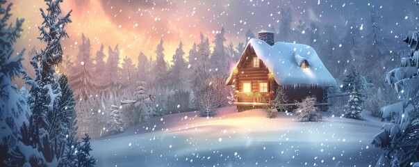 Wall Mural - A cozy cabin in the woods with a fireplace and a Christmas tree